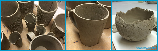Første forsøg på at lave keramik. Små vaser, et krus og skåle.